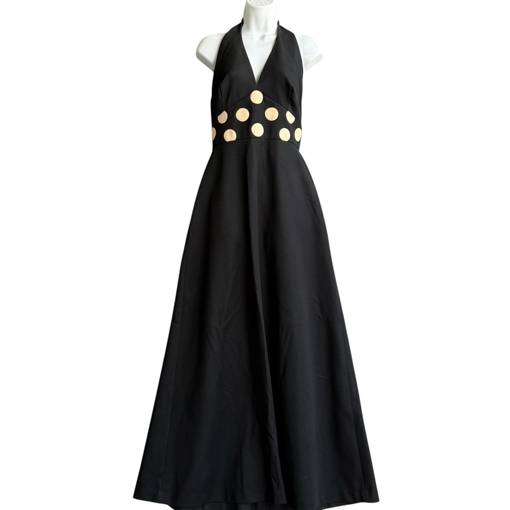 Vintage 60s GAY GIBSON Halter Maxi Dress Women's S Polka Dot Black